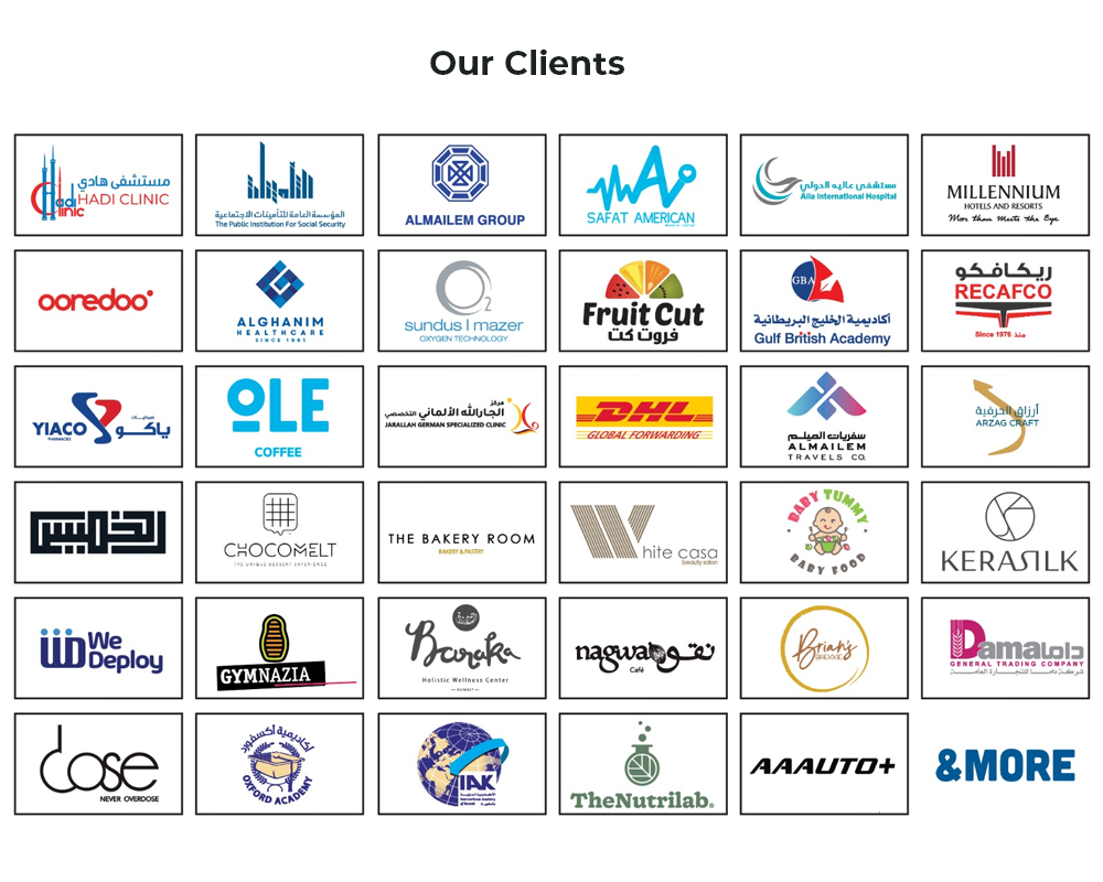 Costa Printing Press clients including Hadi Clinic, Al Mailem Group, Ahli United Bank, Alyasra Fashion, Costa Del Sol Hotel and more